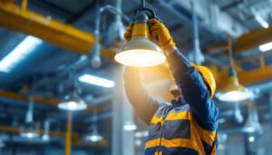 A photograph of a lighting contractor installing or showcasing vapor light fixtures in a commercial or industrial setting