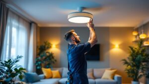 A photograph of a well-lit modern living space featuring stylish discount ceiling lights