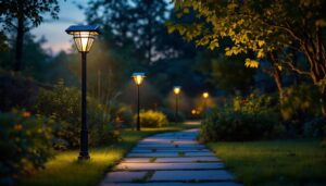 A photograph of a well-lit outdoor scene featuring solar-powered led pole lights illuminating a pathway or garden