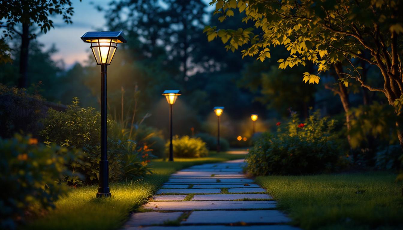A photograph of a well-lit outdoor scene featuring solar-powered led pole lights illuminating a pathway or garden