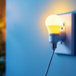 A photograph of a modern wall electrical outlet with an energy-efficient led bulb plugged in