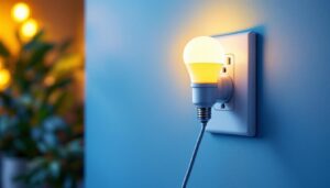 A photograph of a modern wall electrical outlet with an energy-efficient led bulb plugged in