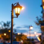 A photograph of capture a photograph of a well-lit exterior light pole in a commercial or residential setting
