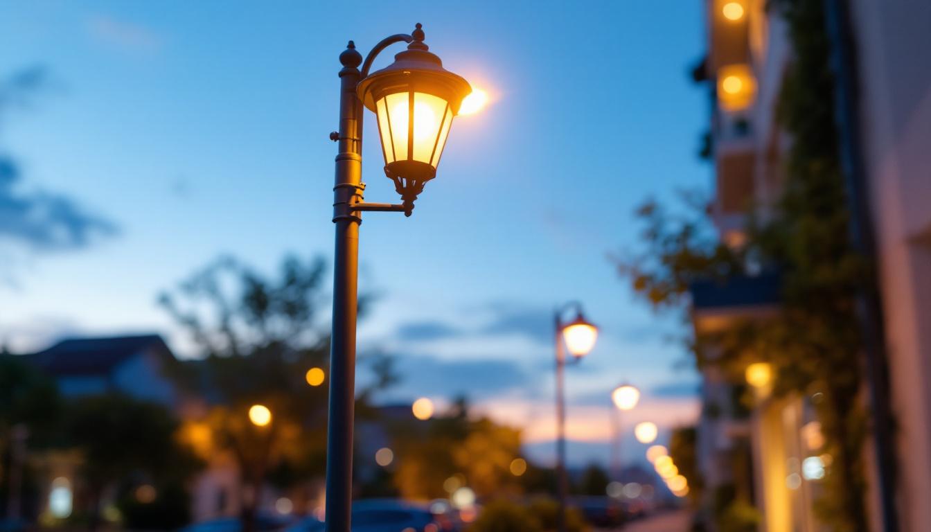 A photograph of capture a photograph of a well-lit exterior light pole in a commercial or residential setting
