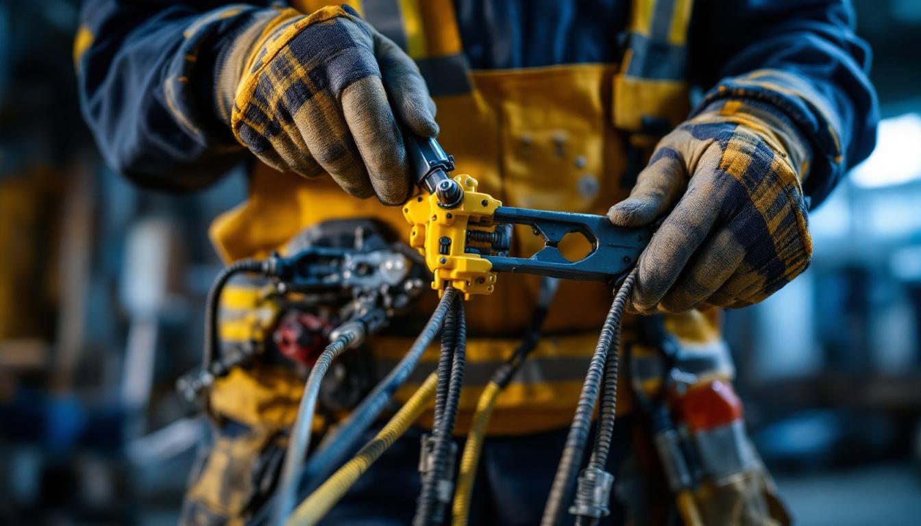A photograph of a lighting contractor in action