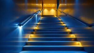 A photograph of a well-lit stairwell featuring sleek led lights that highlight the steps and walls