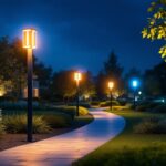 A photograph of a beautifully lit outdoor space featuring modern led pole lights illuminating pathways and landscaping
