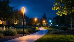A photograph of a beautifully lit outdoor space featuring modern led pole lights illuminating pathways and landscaping
