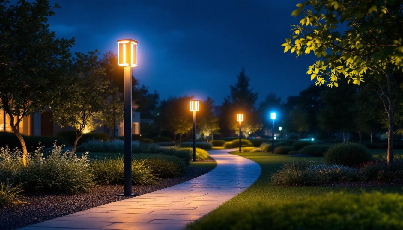 A photograph of a beautifully lit outdoor space featuring modern led pole lights illuminating pathways and landscaping