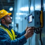 A photograph of a lighting contractor inspecting or installing an emergency lighting inverter in a commercial setting