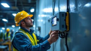 A photograph of a lighting contractor inspecting or installing an emergency lighting inverter in a commercial setting