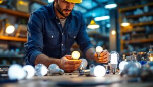 A photograph of a lighting contractor examining a variety of led light bulbs in a well-lit workshop