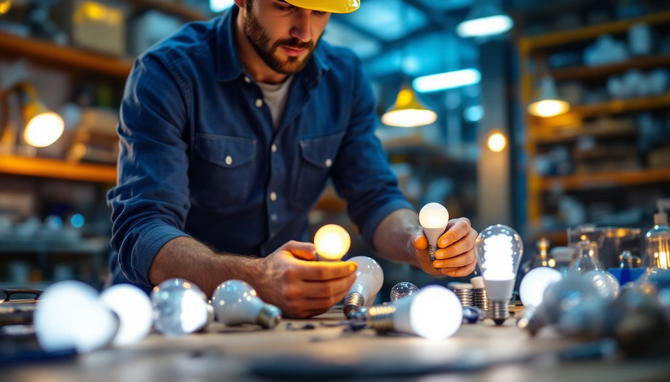 A photograph of a lighting contractor examining a variety of led light bulbs in a well-lit workshop