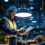 A photograph of a lighting contractor installing a sleek