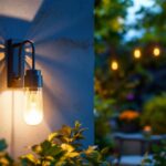 A photograph of capture a photograph of a beautifully designed solar-powered outdoor wall sconce illuminating a cozy outdoor space