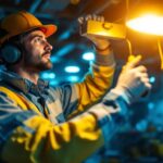 A photograph of a skilled lighting contractor expertly installing or adjusting modern lighting fixtures in a well-lit workspace
