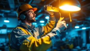 A photograph of a skilled lighting contractor expertly installing or adjusting modern lighting fixtures in a well-lit workspace