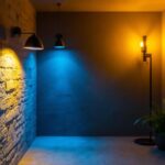A photograph of a beautifully lit basement featuring a stylish lamp
