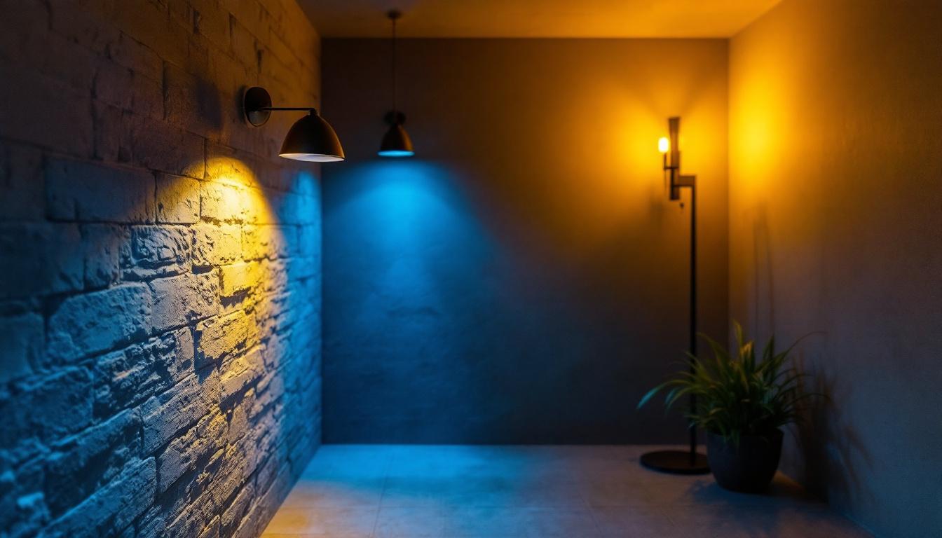 A photograph of a beautifully lit basement featuring a stylish lamp