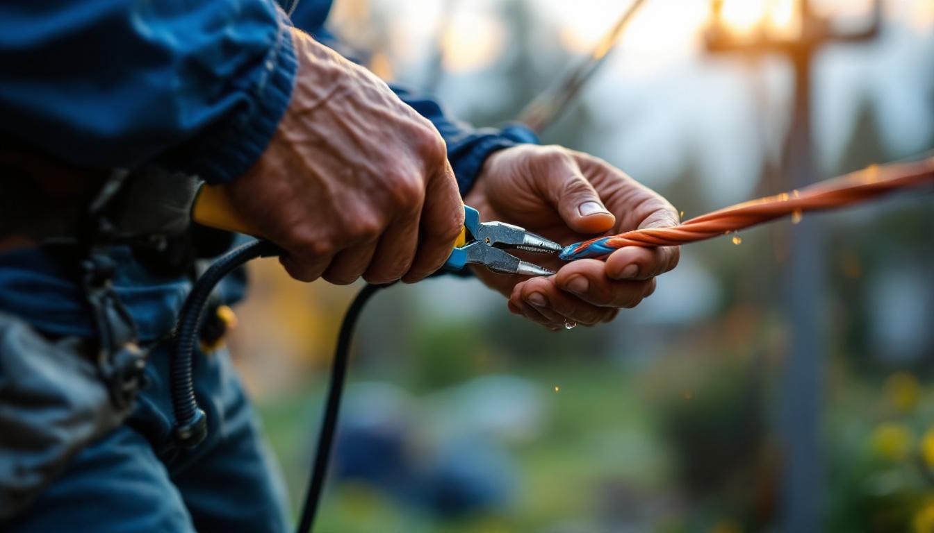 A photograph of a lighting contractor expertly performing a weatherproof wire splice in an outdoor setting