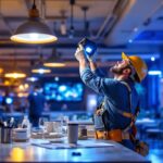 A photograph of a lighting contractor expertly installing led quasar fixtures in a vibrant commercial space