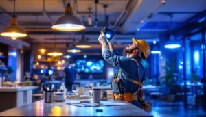 A photograph of a lighting contractor expertly installing led quasar fixtures in a vibrant commercial space