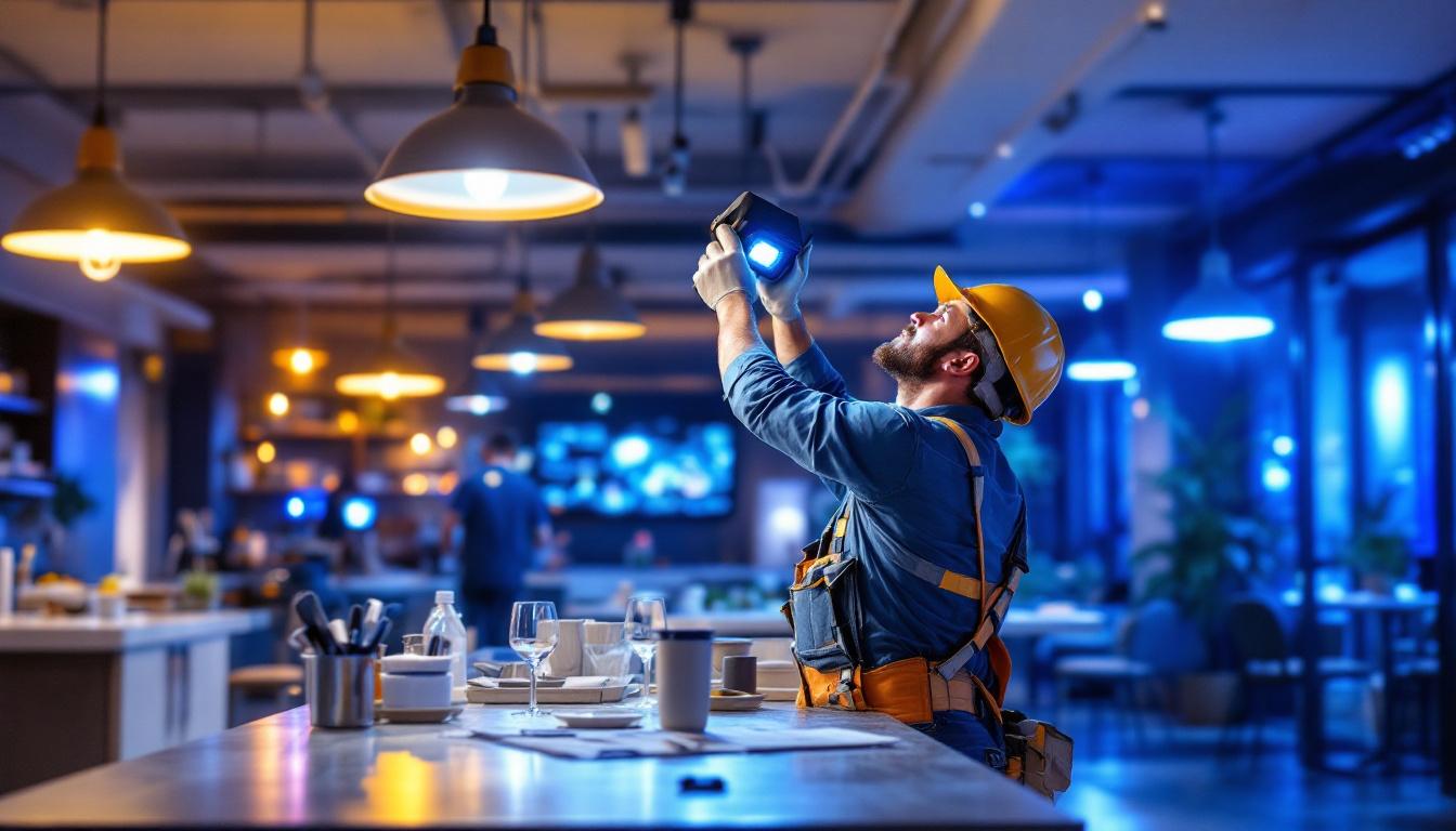 A photograph of a lighting contractor expertly installing led quasar fixtures in a vibrant commercial space