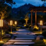 A photograph of a beautifully landscaped outdoor space illuminated by stylish exterior solar led lights at dusk
