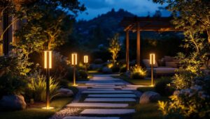A photograph of a beautifully landscaped outdoor space illuminated by stylish exterior solar led lights at dusk