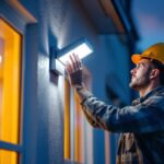 A photograph of a lighting contractor installing or inspecting a wall pack light fixture on a building exterior