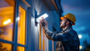 A photograph of a lighting contractor installing or inspecting a wall pack light fixture on a building exterior