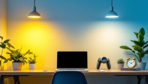 A photograph of a modern workspace or home environment showcasing sleek