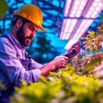 A photograph of a lighting contractor installing or adjusting led grow lamps in a vibrant indoor garden or greenhouse setting
