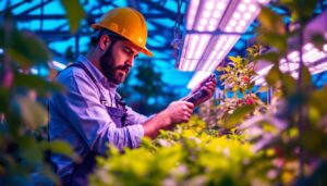 A photograph of a lighting contractor installing or adjusting led grow lamps in a vibrant indoor garden or greenhouse setting