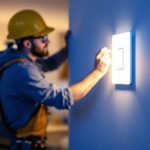 A photograph of a lighting contractor installing the innovative 3 light switch in a modern home setting