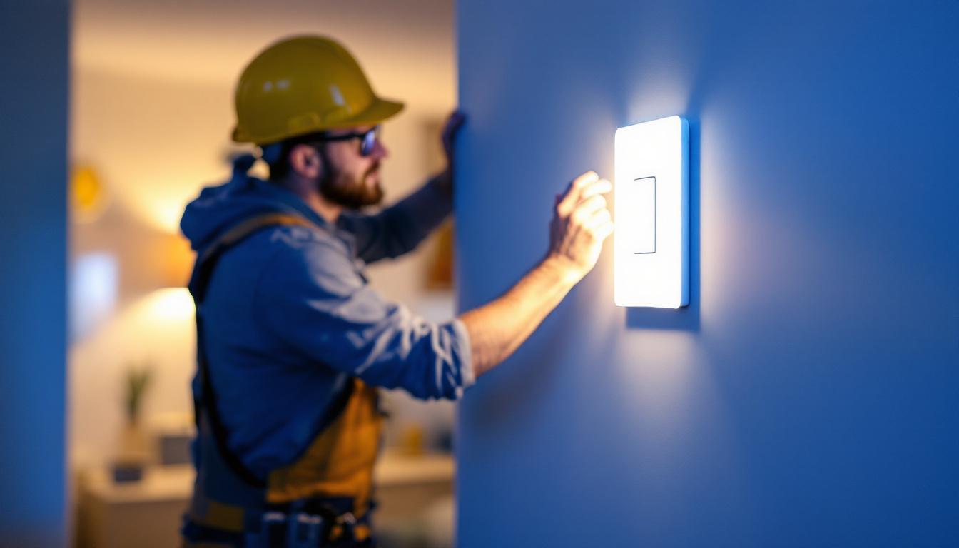 A photograph of a lighting contractor installing the innovative 3 light switch in a modern home setting