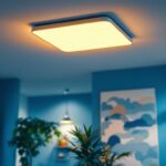 A photograph of a well-lit interior space featuring a modern 2x2 light fixture installed in a ceiling