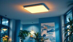 A photograph of a well-lit interior space featuring a modern 2x2 light fixture installed in a ceiling