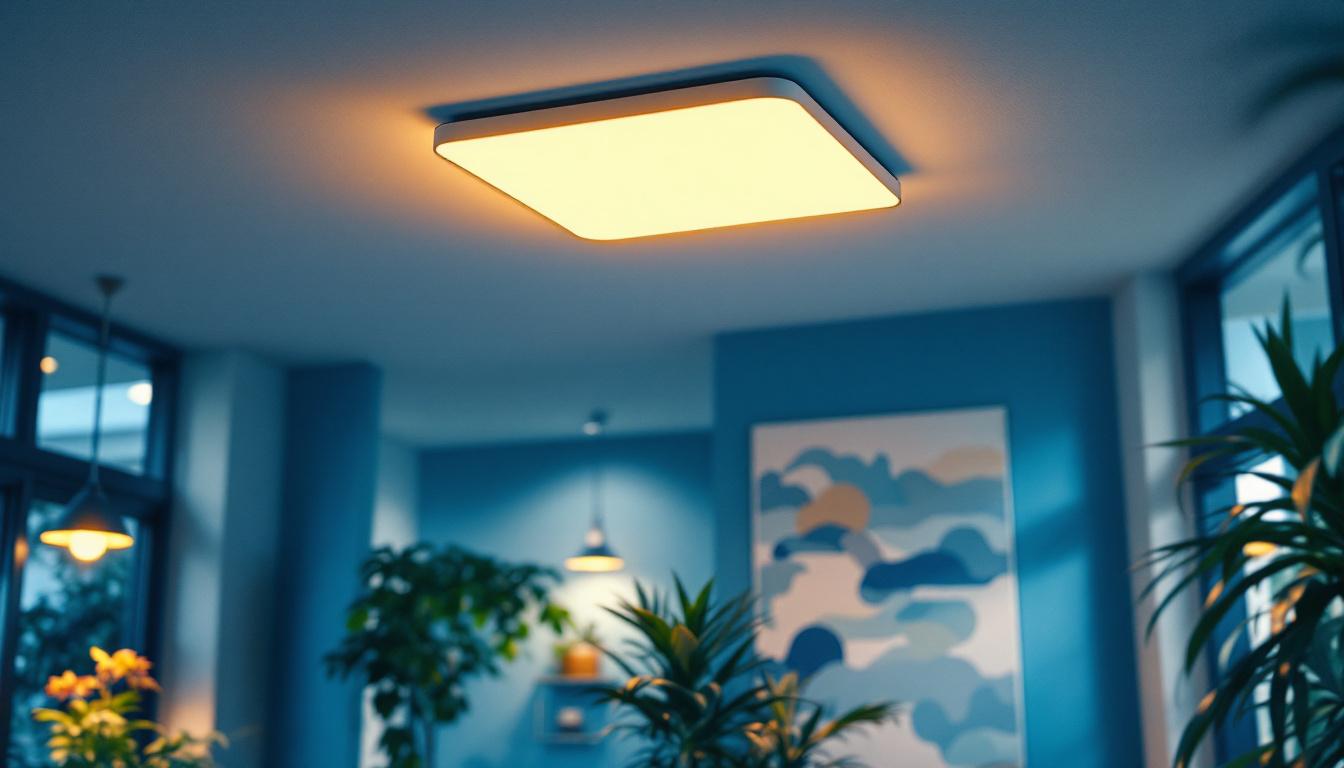 A photograph of a well-lit interior space featuring a modern 2x2 light fixture installed in a ceiling