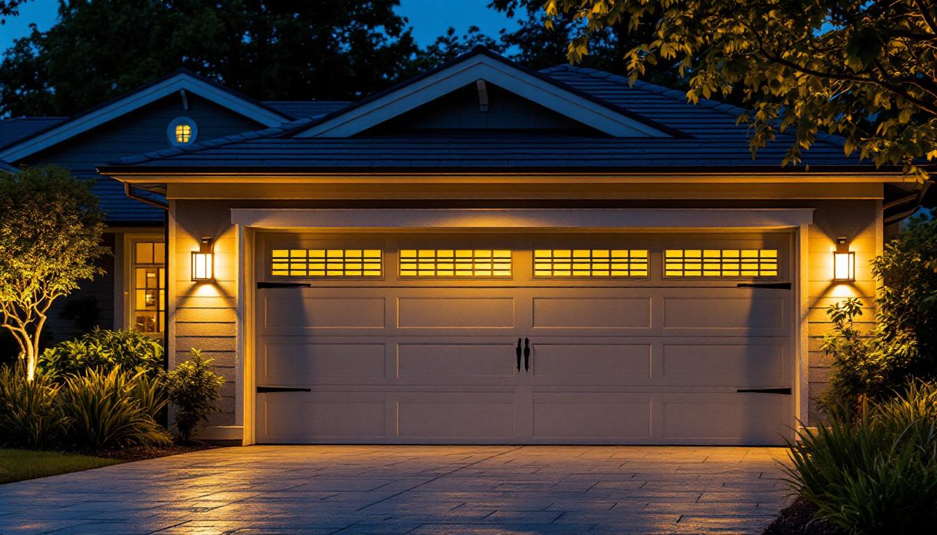 A photograph of a well-lit outdoor garage featuring stylish solar-powered lights illuminating the space at dusk