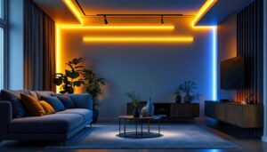 A photograph of a vibrant installation of magnetic led light strips in a contemporary living space