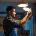 A photograph of a lighting contractor installing or adjusting a sleek