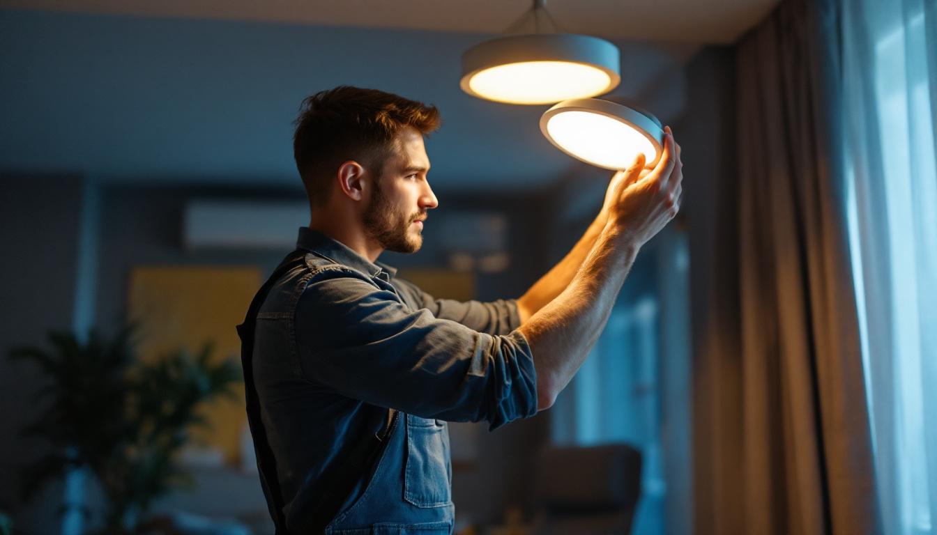 A photograph of a lighting contractor installing or adjusting a sleek