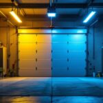 A photograph of a well-lit garage showcasing a comparison of fluorescent garage lights and alternative lighting options