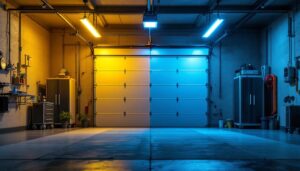 A photograph of a well-lit garage showcasing a comparison of fluorescent garage lights and alternative lighting options