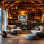 A photograph of a cozy cabin interior illuminated by a mix of modern lighting solutions