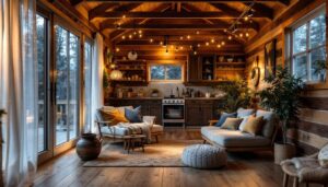 A photograph of a cozy cabin interior illuminated by a mix of modern lighting solutions