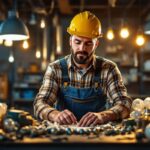 A photograph of a lighting contractor in action