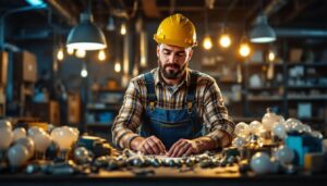 A photograph of a lighting contractor in action