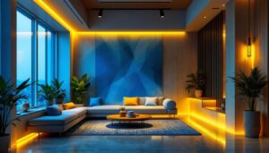 A photograph of a modern interior space illuminated by hid lighting